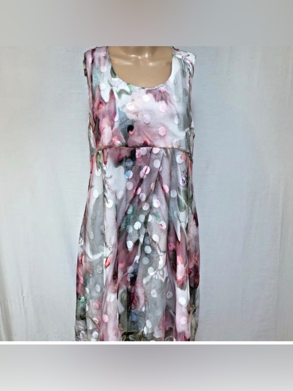 Sleeveless Floral netting over lining Polka Midi Dress - Picture 1 of 14
